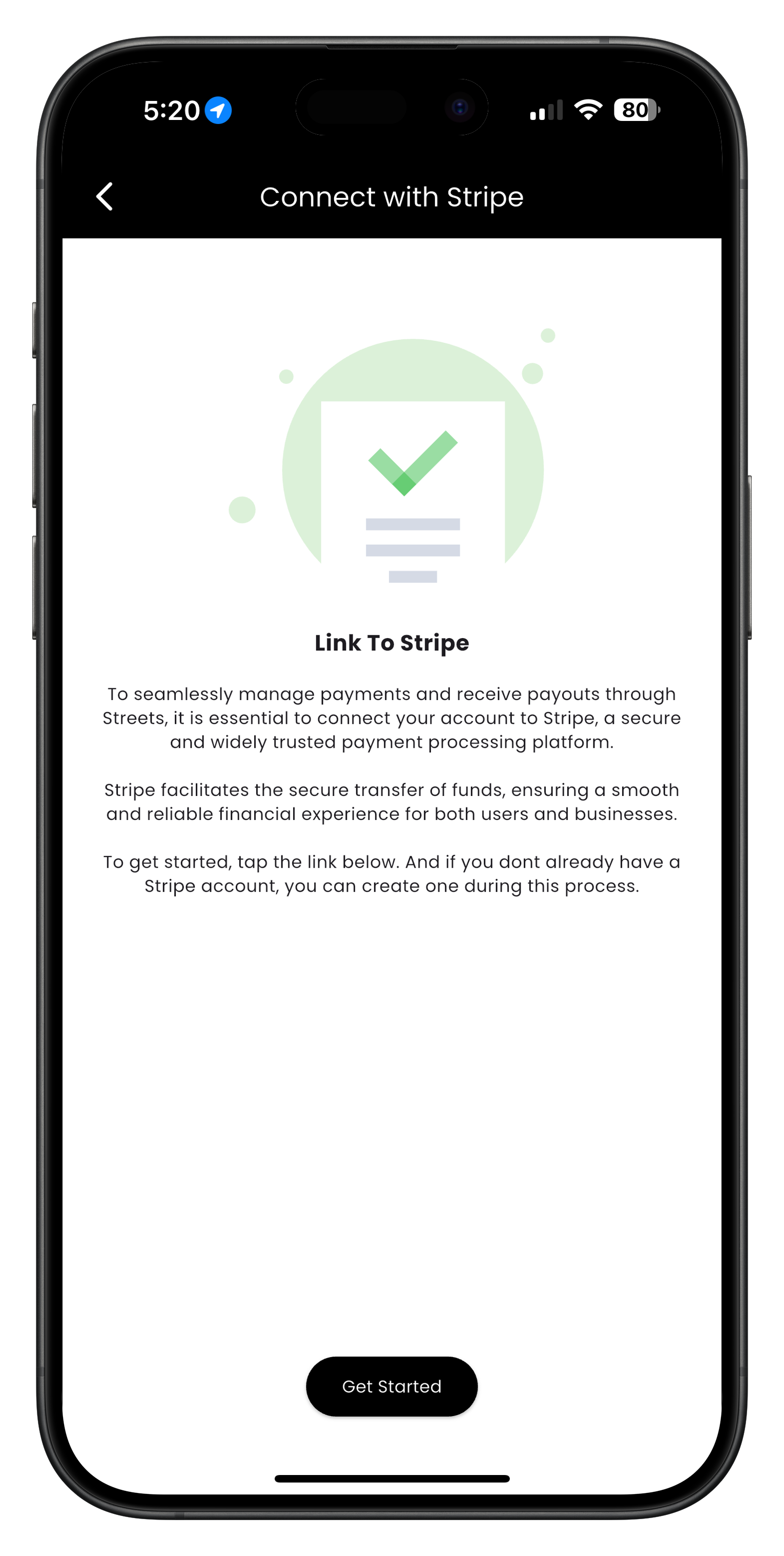 Streets app Link to Stripe screen