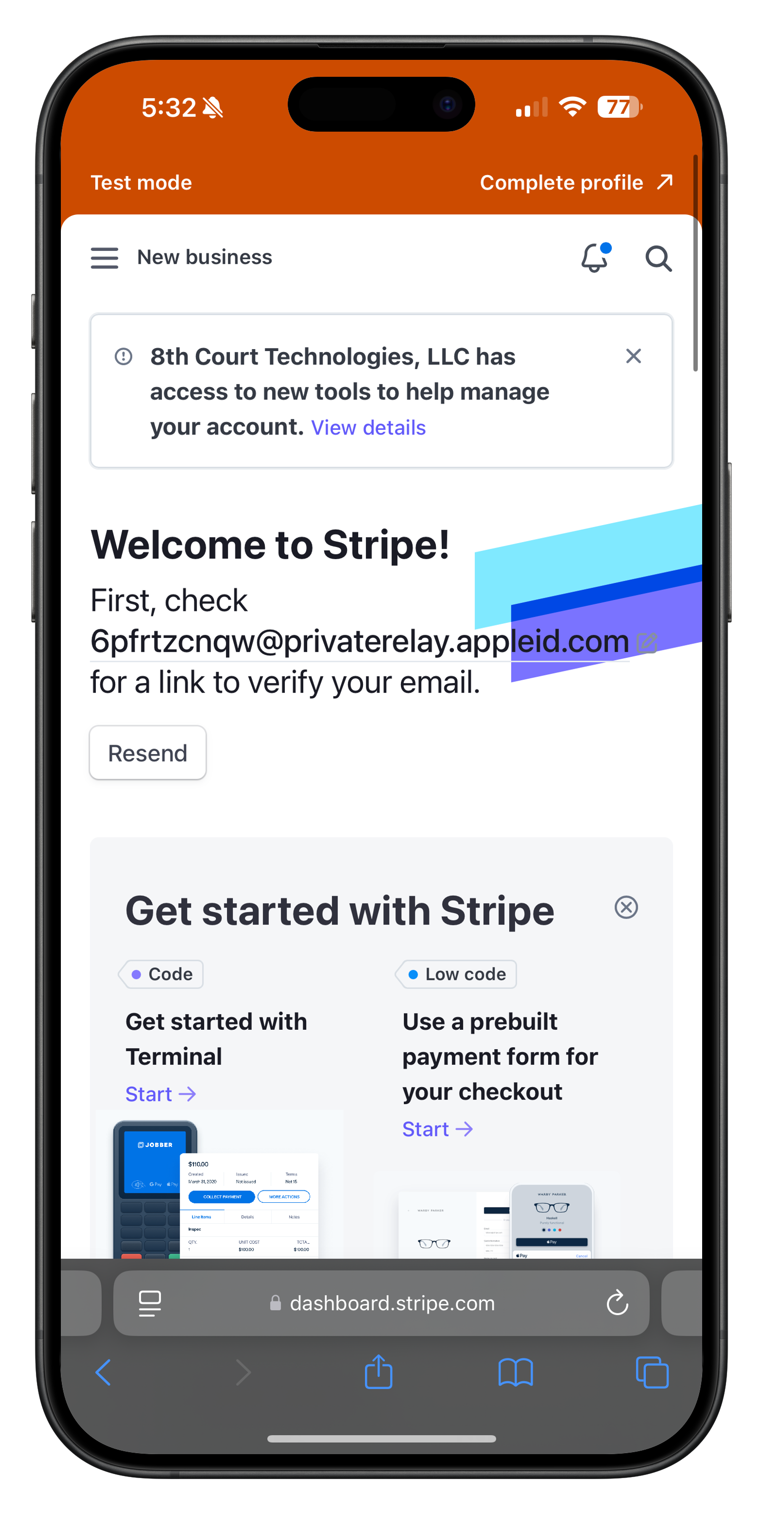 Stripe dashboard welcome screen