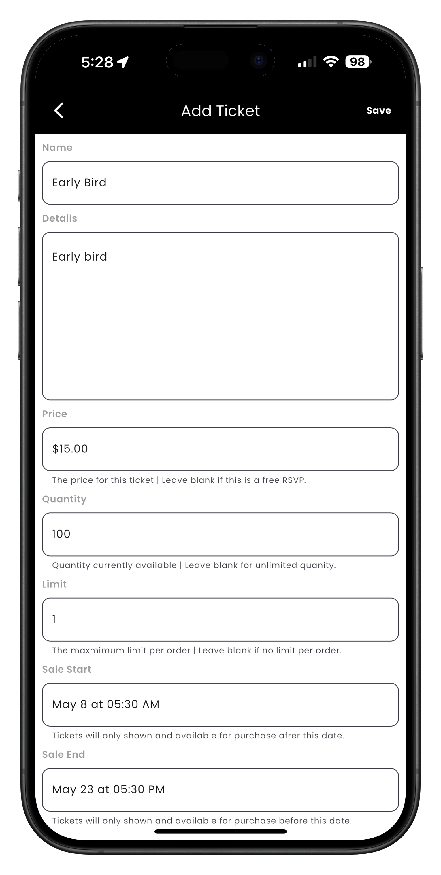 Ticket configuration screen showing pricing and fees