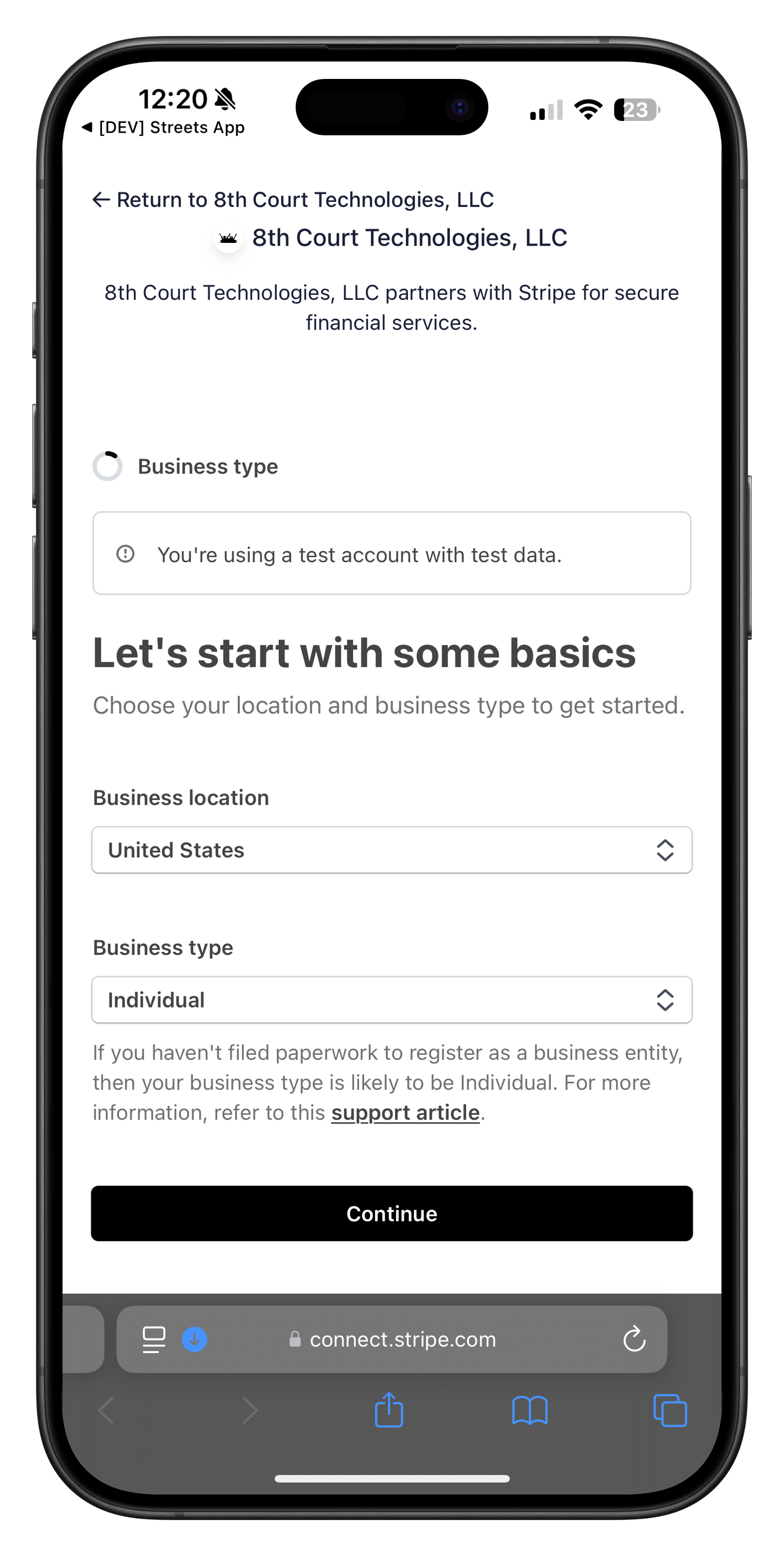 Stripe business information setup